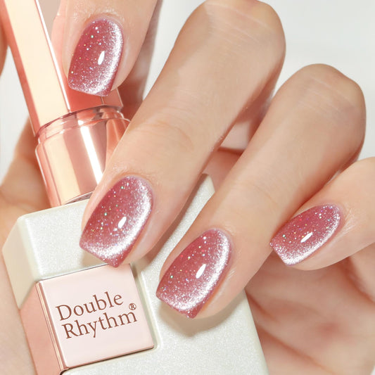 Double Rhythm 15ML Ice Glass Cat Eye Gel Polish with Magnet Holographic Glitter Shimmer Translucent Sheer Color Salon Soak Off Magnetic Nail at Home (Skin Pink-MC1065)