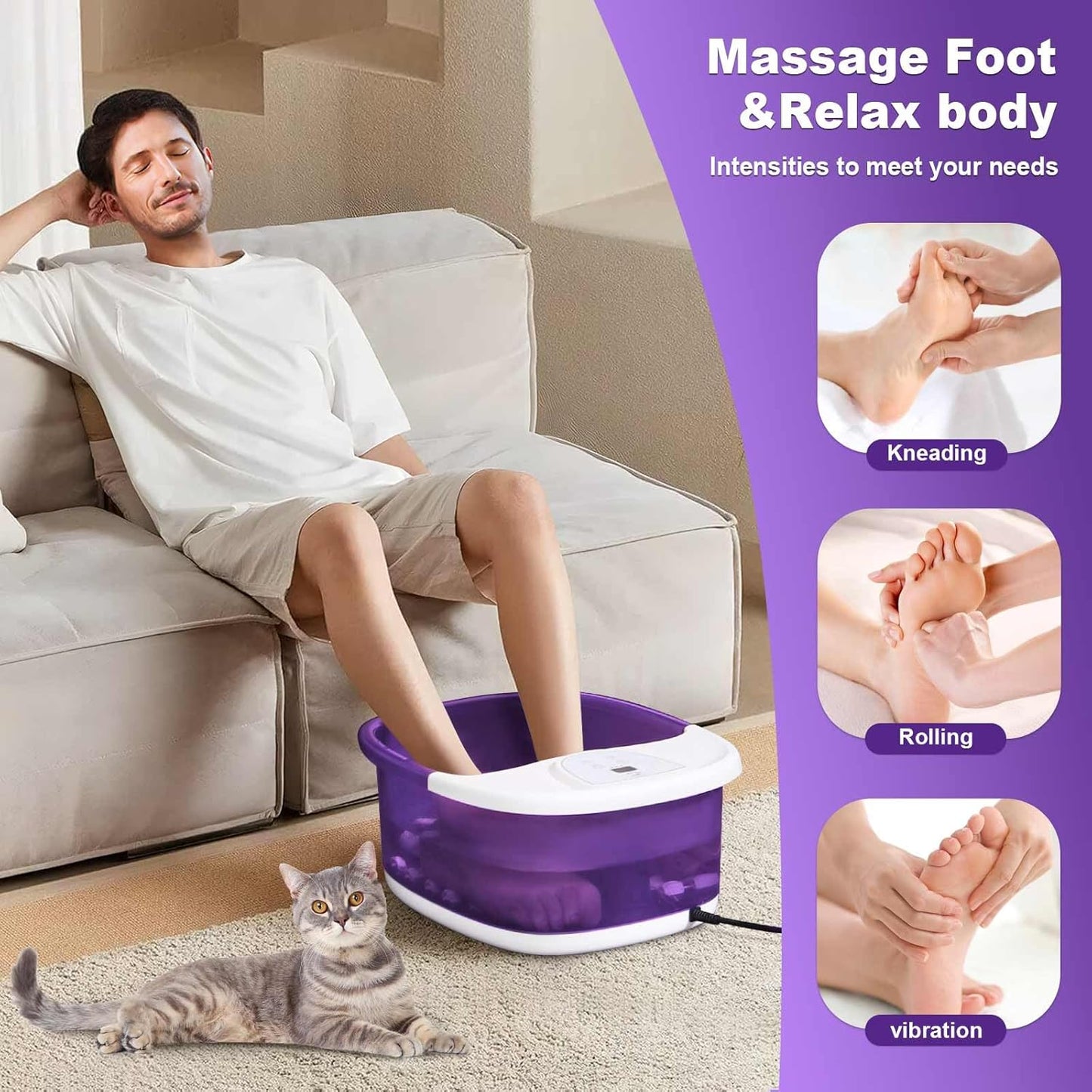 Foot Spa Bath Massager with Heat [2025 Upgraded], Vibration, Temperature Control, Jets, Bubbles and Epsom Salt, Foot Bath Soak Tub with 22 Massage Rollers, Feet Soaking Tub for Relaxation, Purple