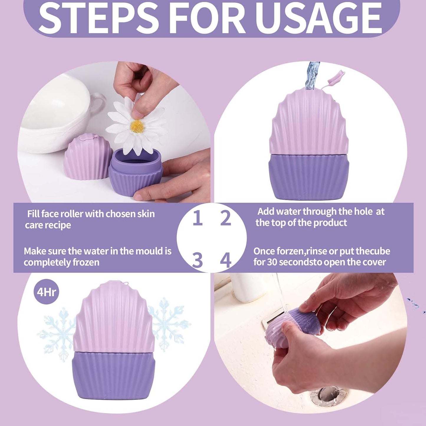 Ice Cube Roller for Face,Eyes and Neck,Reusable Silicone Ice Mold Mermaid Shell Shape for Shrink Pores Anti Wrinkle and Skin Beauty Care,Reduce Migraine Pain,Gua Sha Face Massage Tools (Purple)