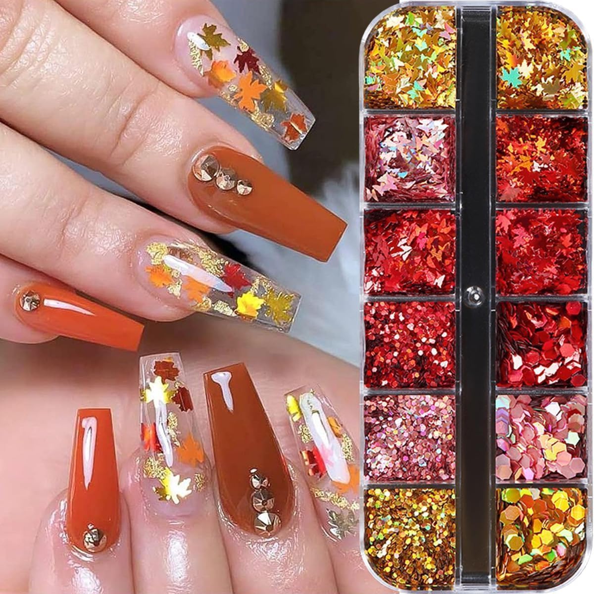 Fall Leaf Glitter Nail Sequins,3 Boxes Holographic Maple Leaf Nail Art Flakes Orange Red Gold Autumn Glitter Sticker Decals Manicure DIY Thanksgiving Decorations 36 Styles