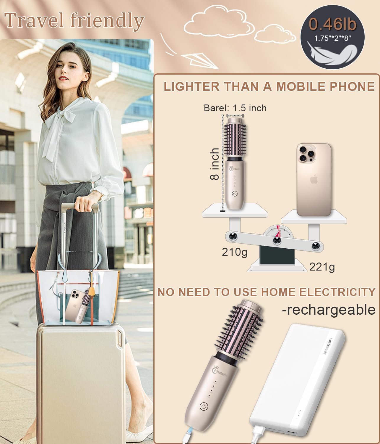 Cordless Hair Curling Iron Brush, 1.5" Mini Cordless Hair Curler, 3-in-1 Travel Curling Brush Hair Straightener Comb Rechargeable, 7000mAh Portable Ionic Heated Curling, Gold