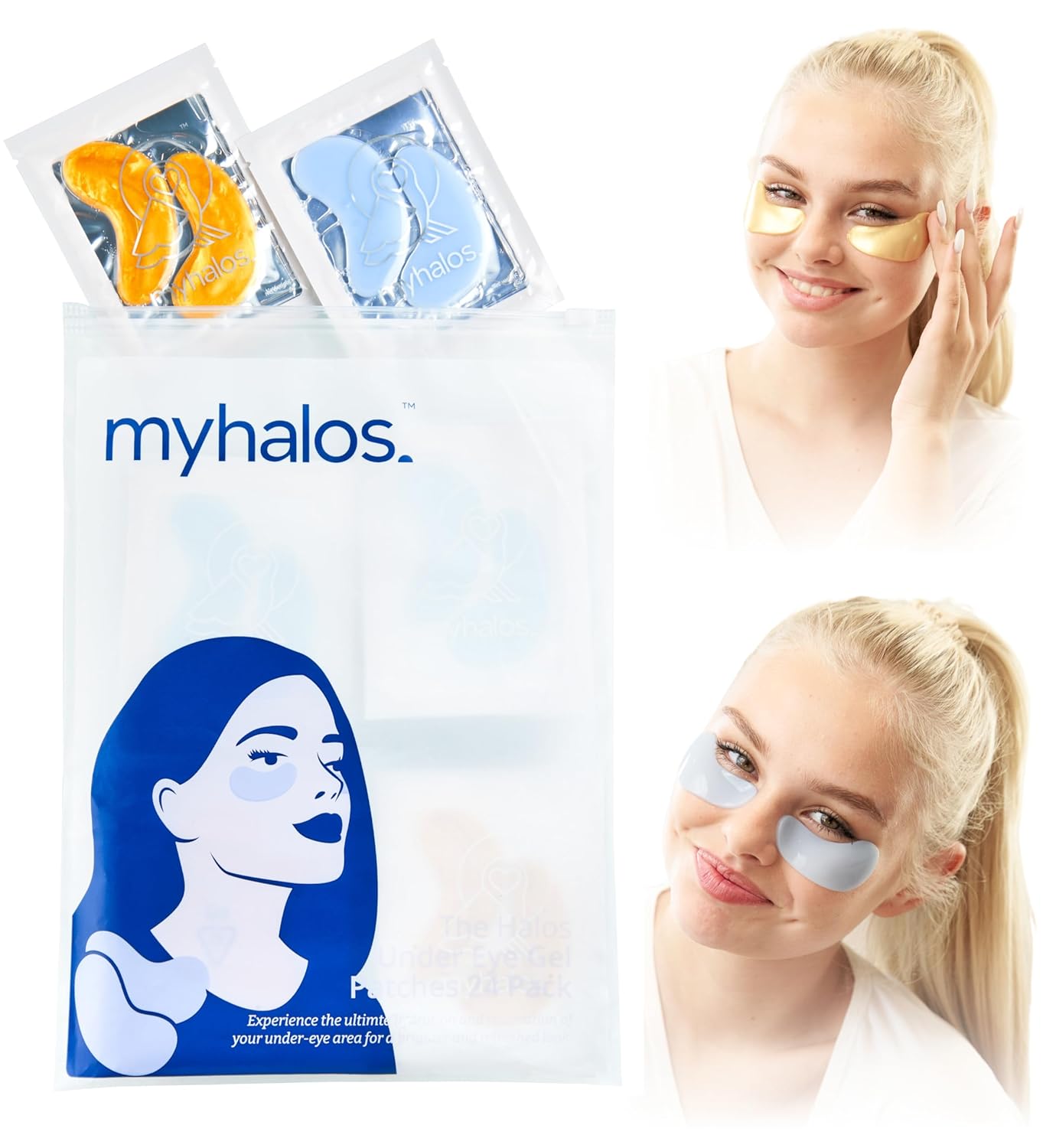 MyHalos Eye Masks for Dark Circles and Puffiness & Eye Patches for Wrinkles Duo- 24 Under Eye Patches for Puffy Eyes, Dark Circles - Eye Mask Skincare Eye Gel Pads - Under Eye Mask Patches Blue, Gold