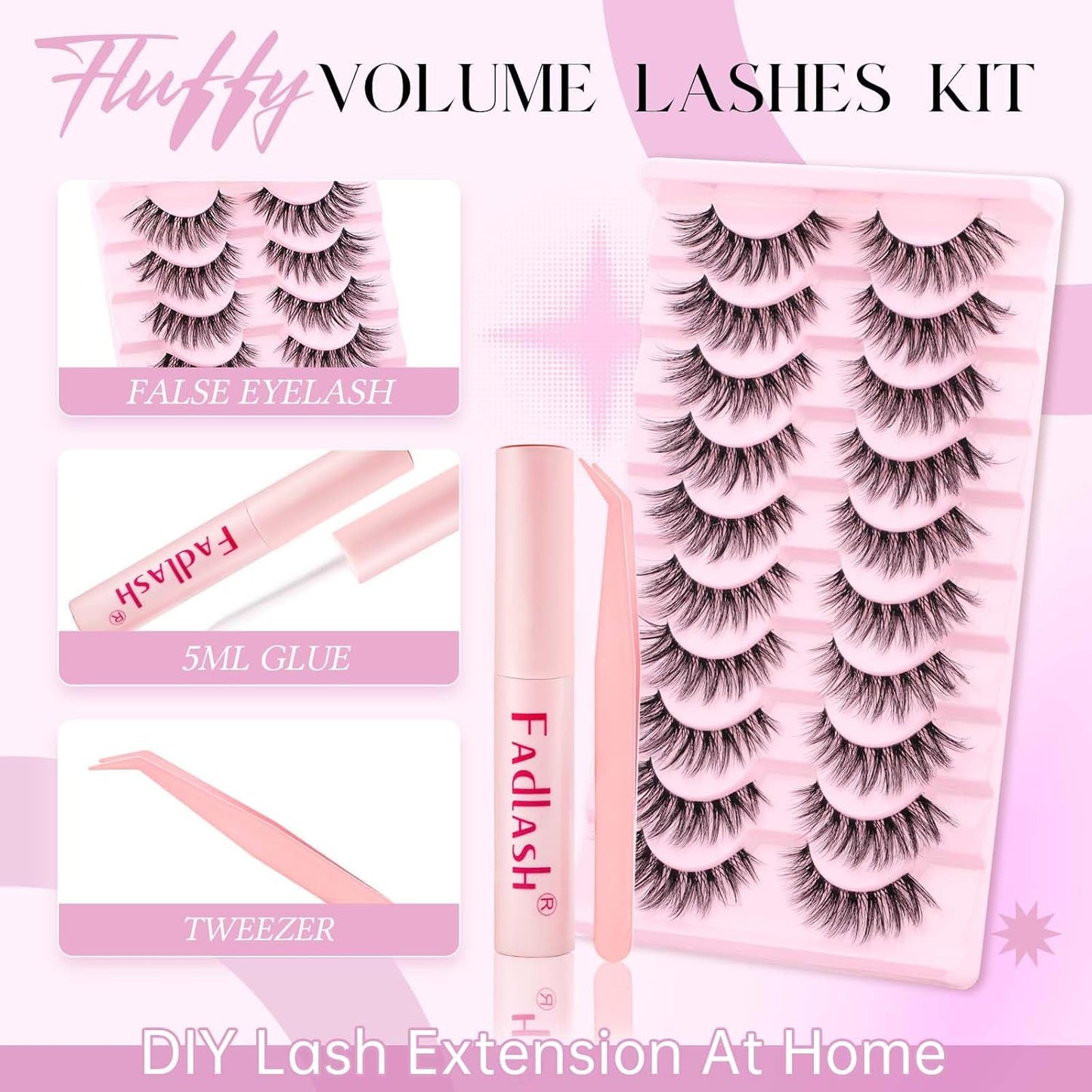FADLASH False Eyelashes Kit Natural Cat Eye Lashes with Thin Band Wear Comfortable Black Fake Lashes 10 Pairs Lash Applicator Tool at Home, LZ209