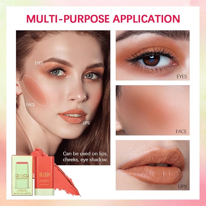 Blush Stick, Cream Blush Stick for Cheeks & Lips, Blendable Long-Lasting Multi-Use Contour Stick & Highlighter Makeup (#3 CORAL ORANGE)