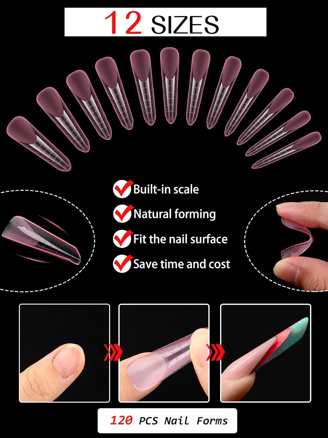 EBANKU Dual Nail Forms for Poly Extension Gel, 120 PCS Pink Nail Molds Reusable Nail Extension Forms for Builder Gel Manicure Design Salon DIY 12 Sizes