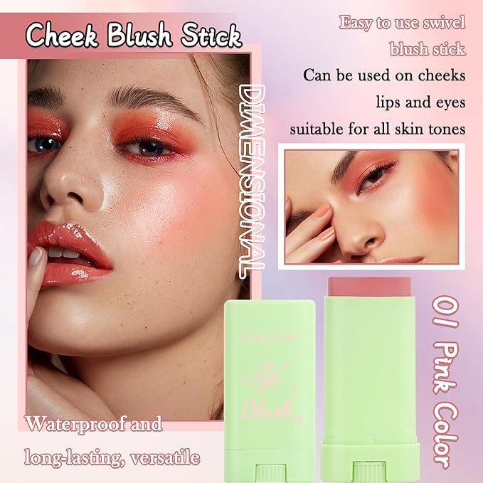 Cream Blush Stick for Cheeks,Blendable Multi-use Blush Makeup Stick for Cheek Eyes Lips Blusher