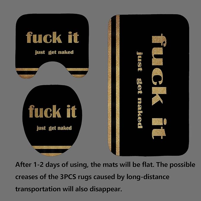 4PCS Gold Glitter Get Naked Shower Curtain Set, Funny Quote Stripe Luxury Glam Modern Dorm Bathroom Decor, Waterproof Fabric Black Shower Curtain, Non-Slip Bath Mat Toilet Rug, Just Get Naked