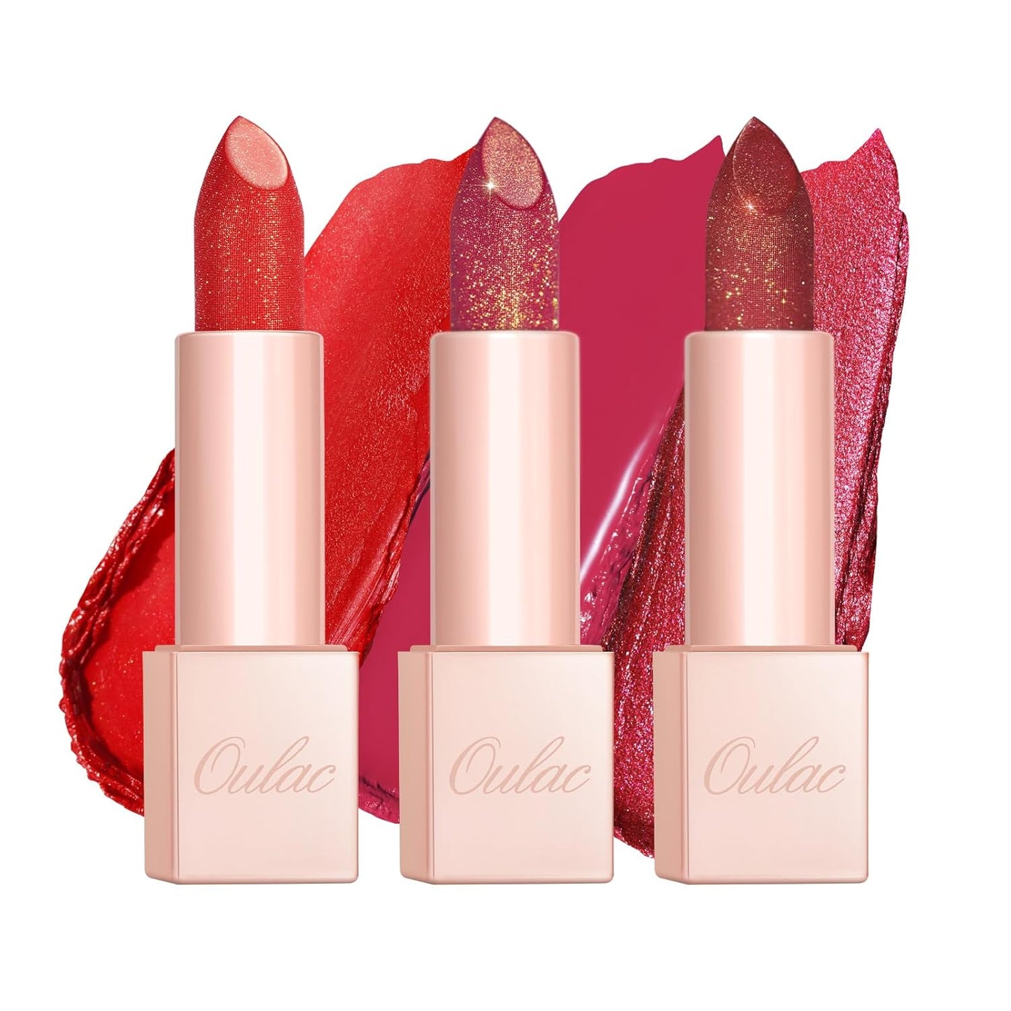 Oulac Moisture Red Lipstick Set 3PCS - Infinity High Shine Finish, Hydrating Vegan Lipstick Infused with Damask Rose Oil for All-Day Comfort, Gluten-Free, PG02+PG14+D03