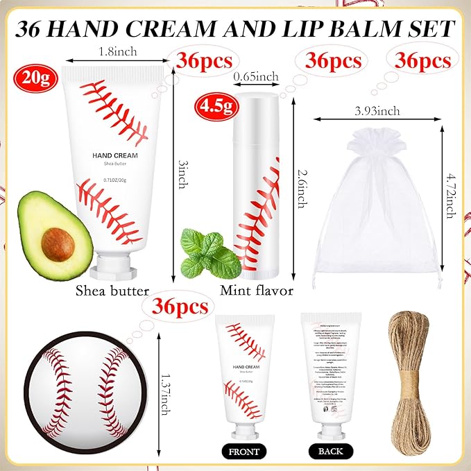 144 Pcs Baseball Lip Balm Hand Cream Set Baseball Party Supply, Include 36 Baseball Lip Balm 36 Moisturizing Hand Cream 36 Baseball Bag 36 Baseball Card and Rope for Baseball Accessories Gifts