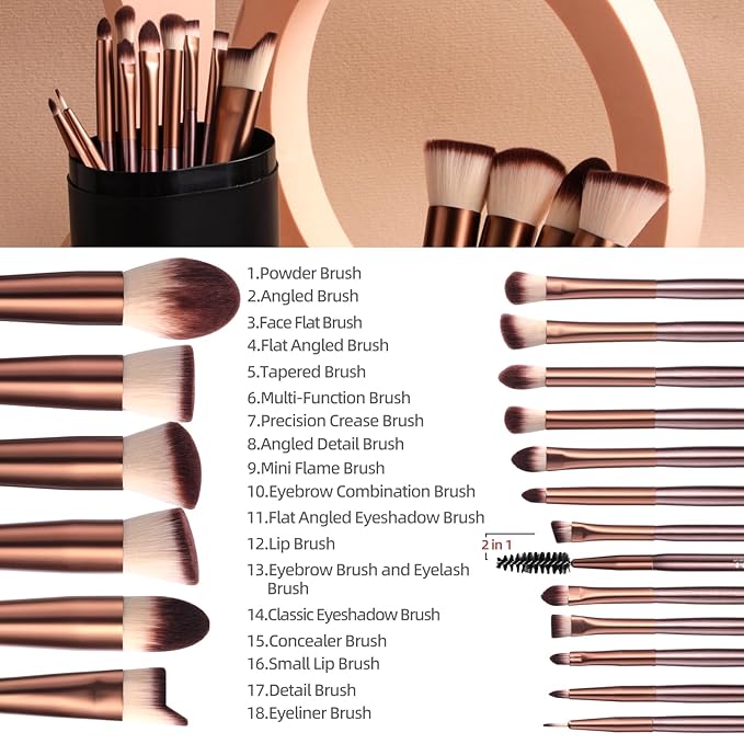 BS-MALL Makeup Brush Set 18 Pcs Premium Synthetic Foundation Powder Concealers Eye shadows Blush Makeup Brushes with black case (B-Brown)