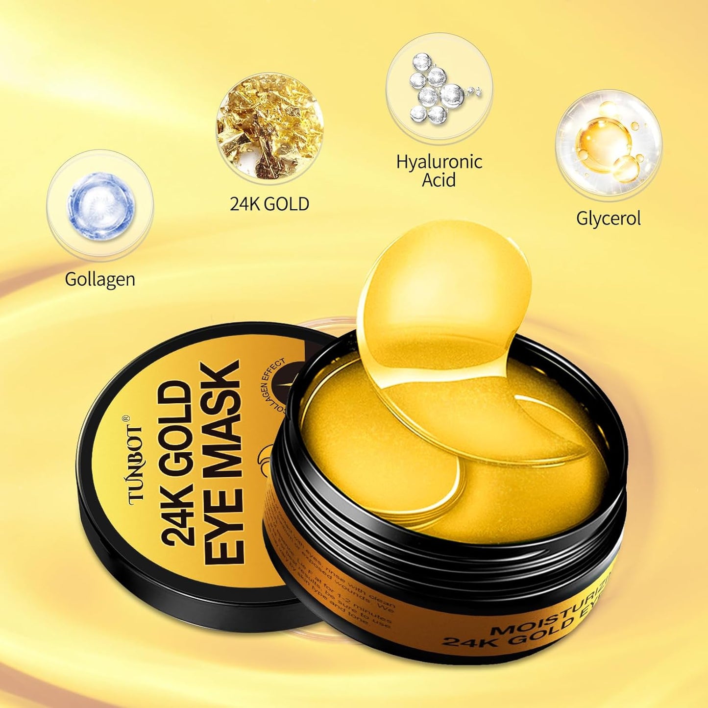 Under Eye Patches - 60 Pieces - 24k Gold Eye Mask - Anti-Aging - Contains Collagen and Hyaluronic Acid - Removes Dark Circles, Puffiness and Wrinkles, Moisturizes - Home Beauty