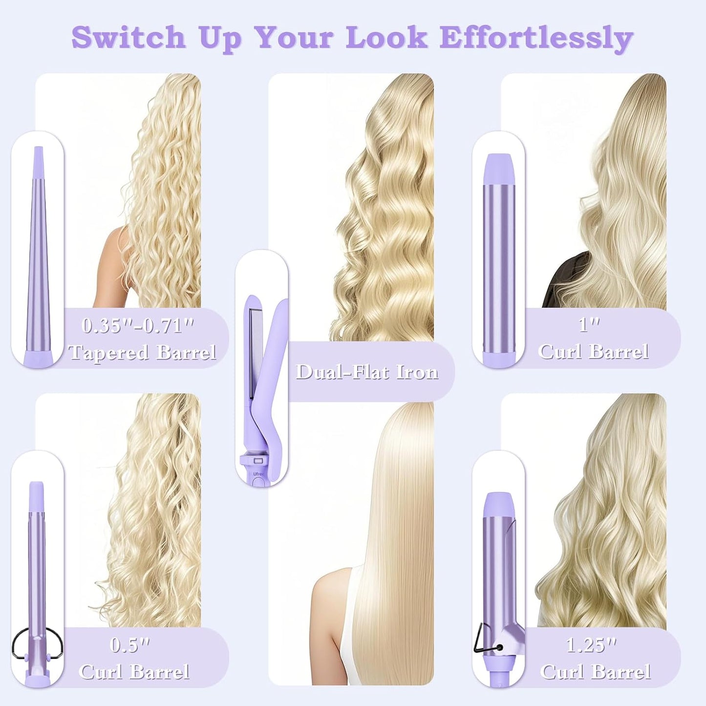 Birthday Gifts for Women, Ufree 5 in 1 Curling Iron with Interchangeable Ceramic Barrels (0.35"-1.25"), Curling Wand Set with Flat Iron Hair Straightener, Instant Heat Up, Dual Voltage Hair Curler