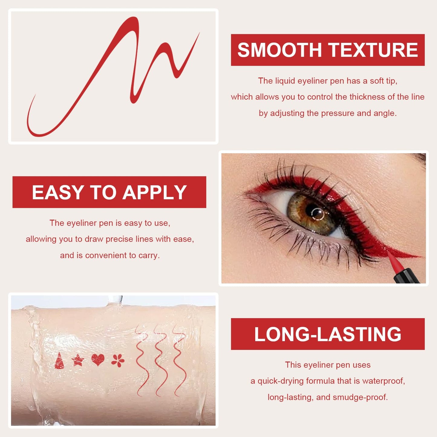 4PCS Red Eyeliner Pen Set, Eyeliner Stamp, Double-headed Red Liquid Eye liner Pencil for Women Eye&Lip Liner Professional Waterproof Halloween Makeup, Star,Triangle,Flower,Heart