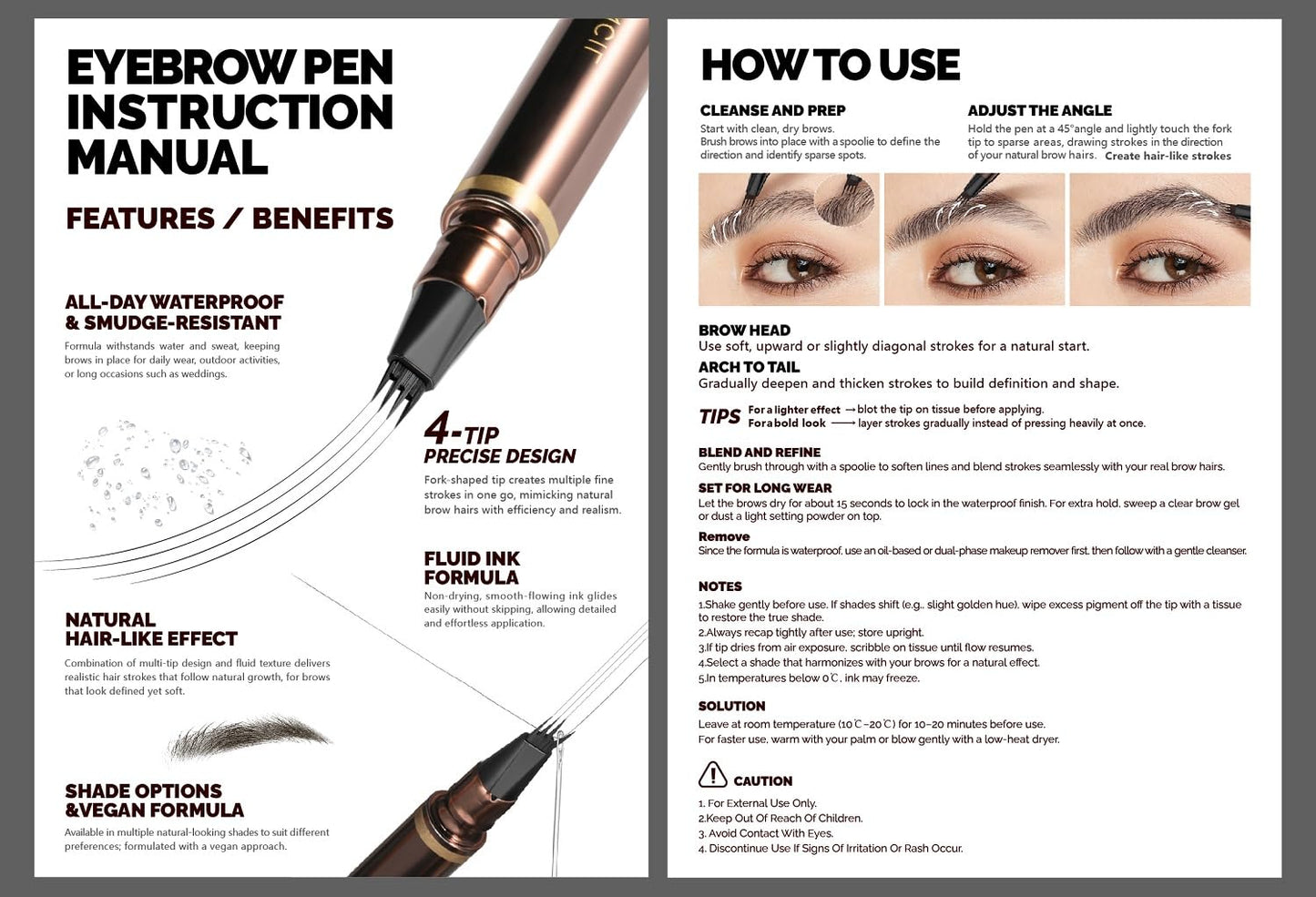 2 Pack Eyebrow Pen, Waterproof Microblading Eyebrow Pencil, 4 Tip Precise Eye Brow Makeup Pen for Women to Effortlessly Create Hair Like Natural Brows, Non Dry Out and Last All Day (Dark Brown)