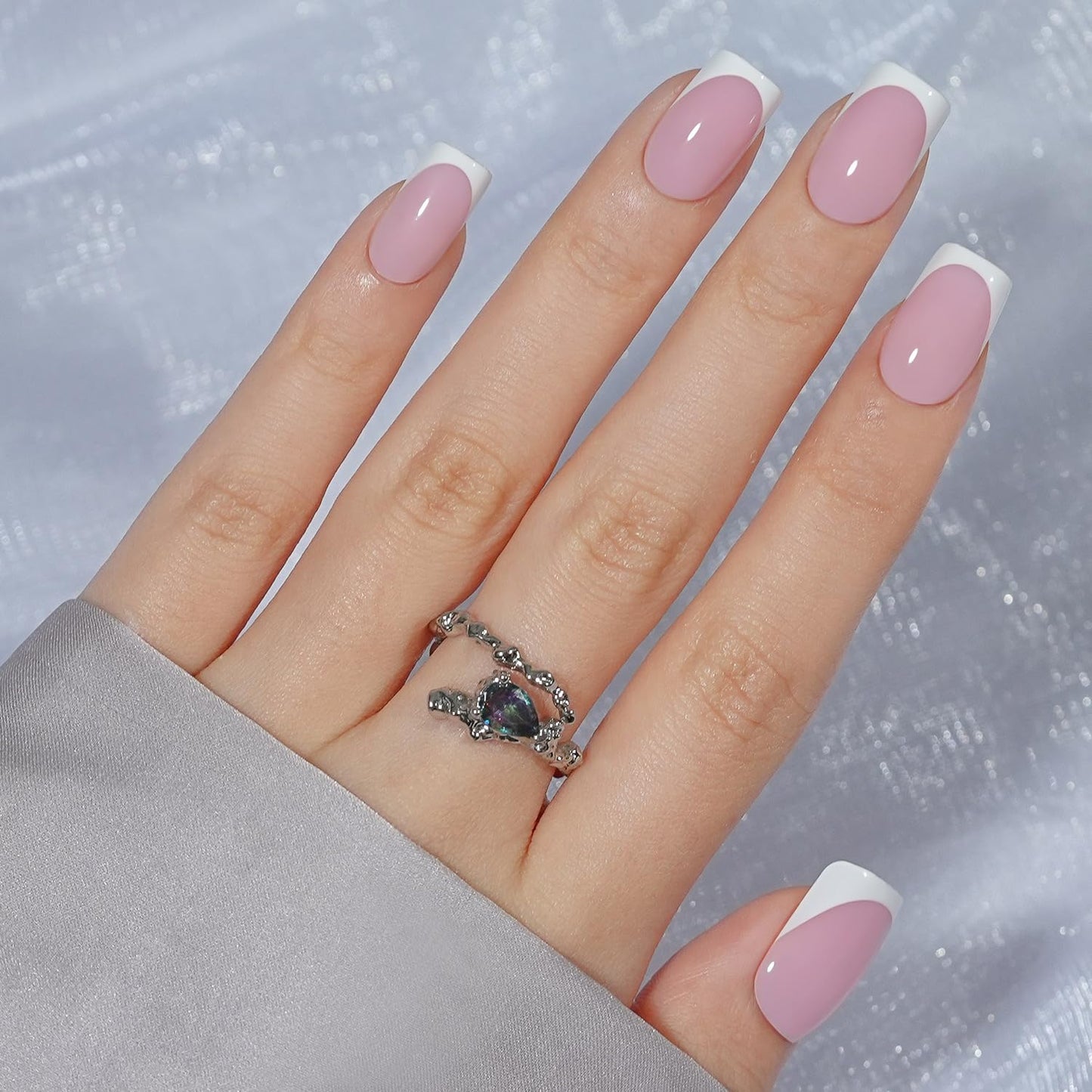 French Gel Nail Tips - Jofay Fashion Short French Tip Press on Nails, 10-Piece Set 320Pcs Pink Square Nail Tips, Pre-applied Tip Primer & Base Coat, No Need to File Fake Nails for Nail Art, 16 Sizes