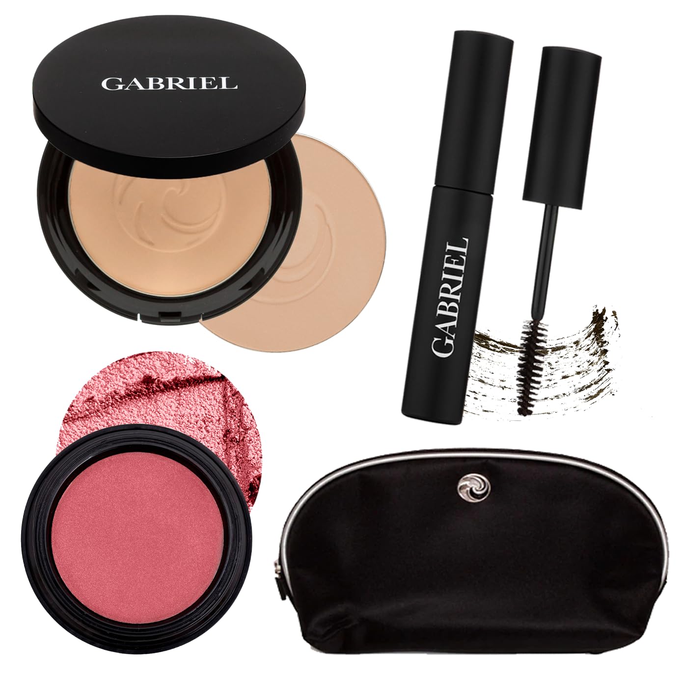 Gabriel Cosmetics About Face Set- Dual Powder Foundation (Medium Beige), 3-in-1 Multi Pot (Dahlia), Mascara (Black) and Gabriel Makeup Bag (Medium Beige SET)