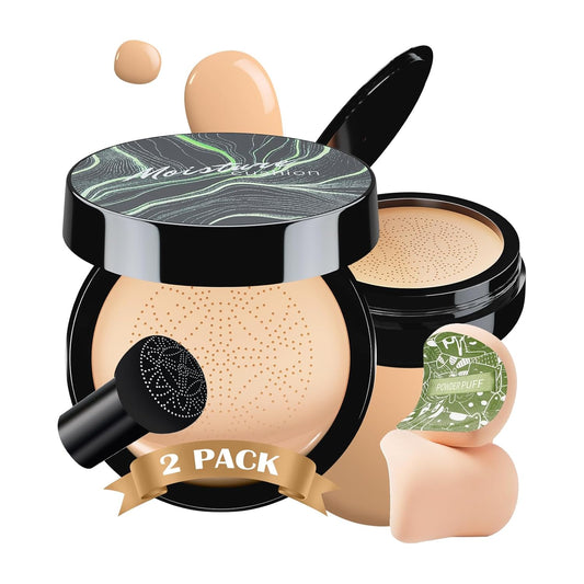 2 PCS Mushroom Head Air Cushion CC Cream - Long-Lasting Brightening BB Cream Foundation With Powder Puff for Face Makeup and Mature Skin (Natural