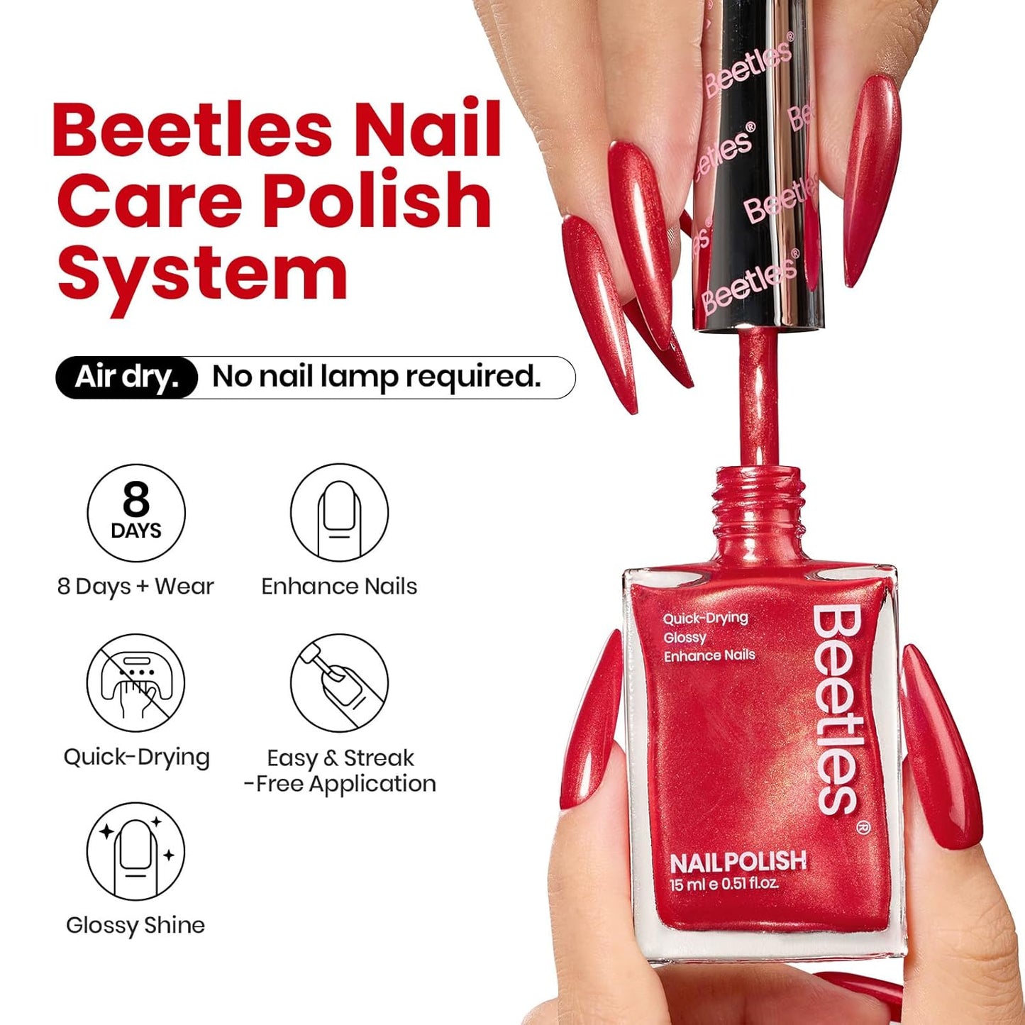 Beetles Red Nail Polish 15ML Quick Dry Glitter Fingernail Polish 4th of July DIY Salon for Women