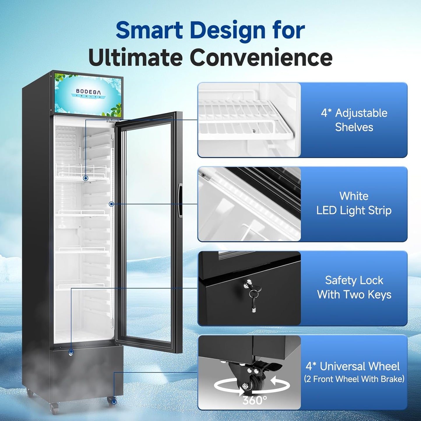 BODEGACOOLER Beverage Refrigerator and Cooler, 7.71 Cu. Ft Commercial Refrigerators for Drink, Beer, Tall Commercial Cooler for Beer, Soda, Single Door Display fridge