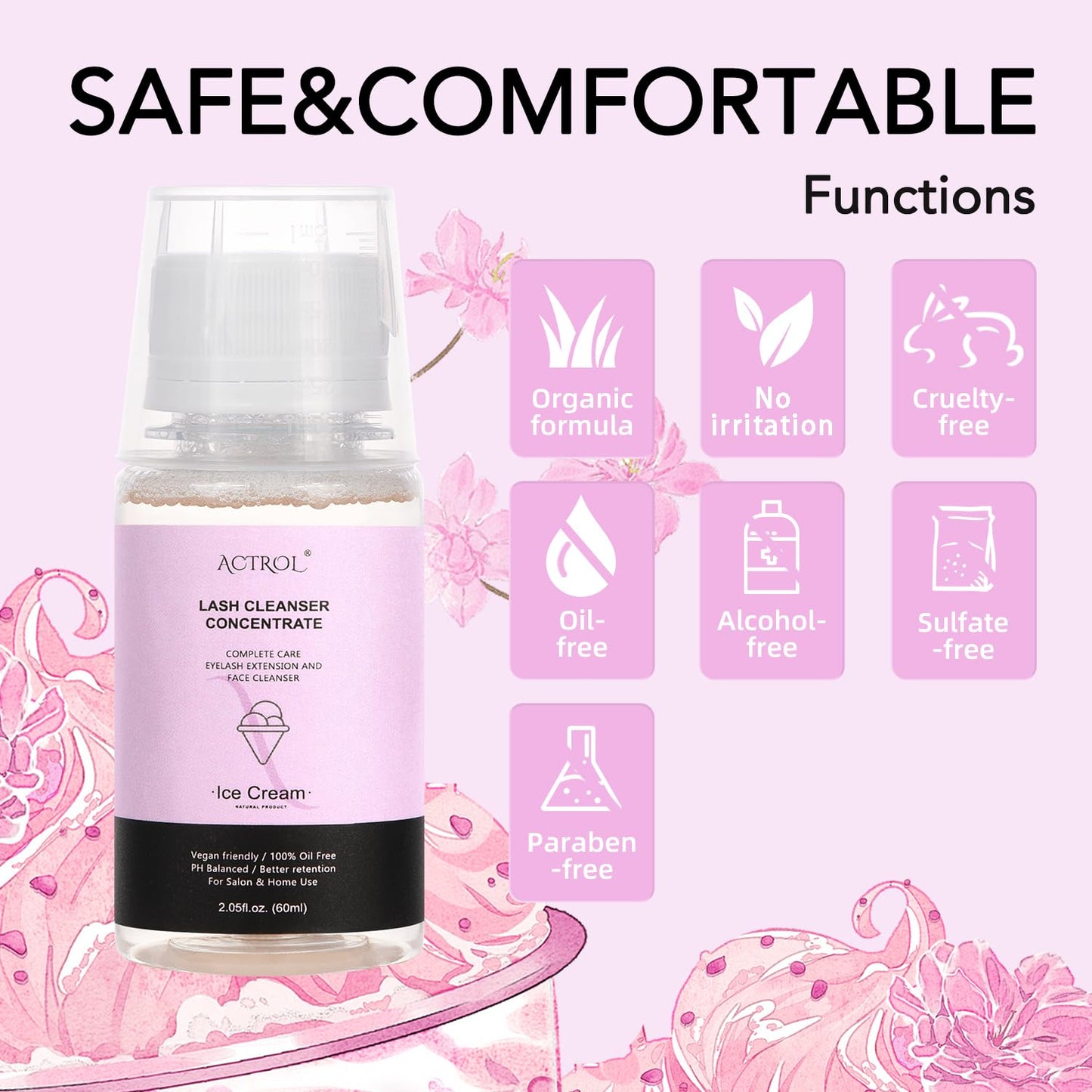 Eyelash Cleanser Concentrate 60ml Ice Cream Professional Lash Shampoo Foaming Cleanser DIY Paraben & Sulfate Free Non-lrritating Wash for Extensions Lashes with Salon Home Care-Makes 6 Bottles