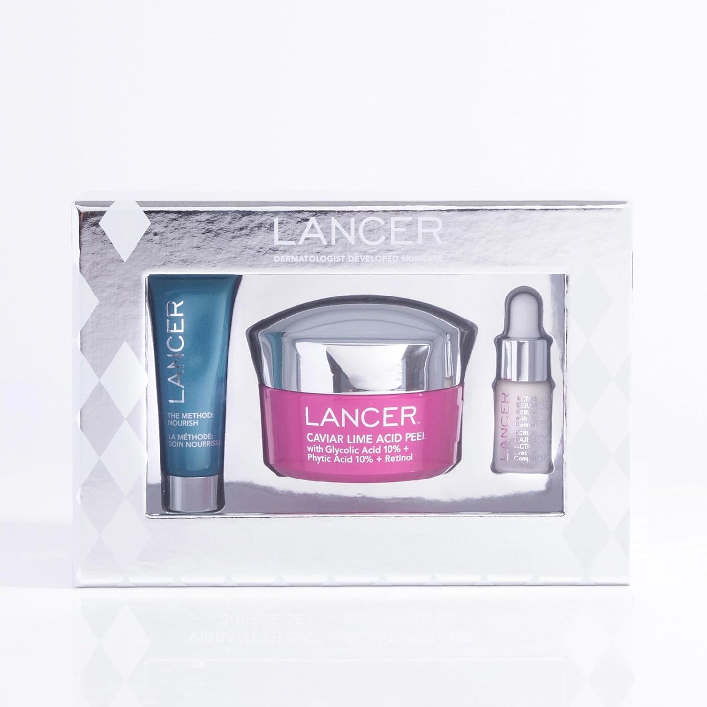 Lancer Skincare Vibrant Glow 3-Piece Set, Contains Moisturizing Face Mask, Caviar Acid Peel, Active Rejuvenation Serum for Vibrant Skin
