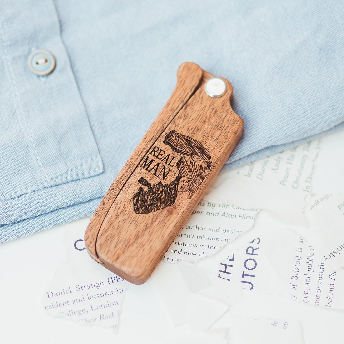 Beard Comb for Men Pocket Folding Combs for Mustache & Hair Travel Natural Wooden Comb with Real Man Engraving - Perfect for Use w/Beard Balm Oil (Wavy Half Skull) (Model RM)