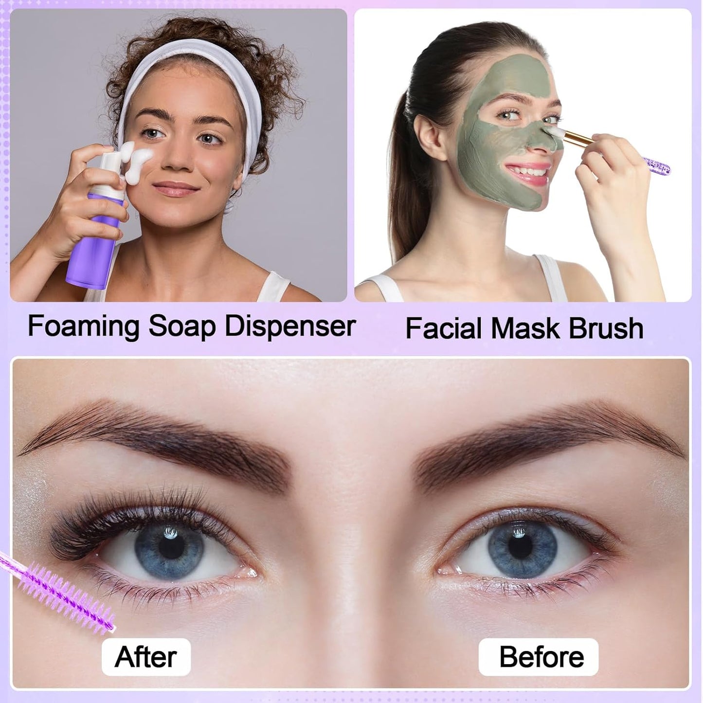 Zhehao 80 Pcs Lash Shampoo Bottle Brushes Kit 20 Foam Pump Dispensers 20 Lash Shampoo Brushes 20 Eyelash Aftercare Bag 20 Cleaning Pipes, Eyelash Extension Supplies(Purple)