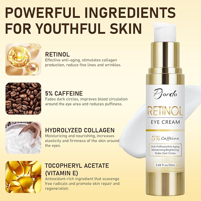 Retinol Eye Cream for Dark Circles Puffiness, Under Eye Cream Anti Aging Eye Cream Reduce Wrinkles & Fine Lines, 5% Caffeine Eye Cream with Eye Massage Wand, Perfect Gifts