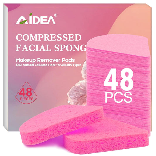AIDEA 48Count Compressed Facial Sponges Pink, Disposable Face Sponges, 100% Natural Cellulose Cosmetic Spa Sponges for Facial Cleansing, Exfoliating, Makeup Remover Pads, Travel Essentials