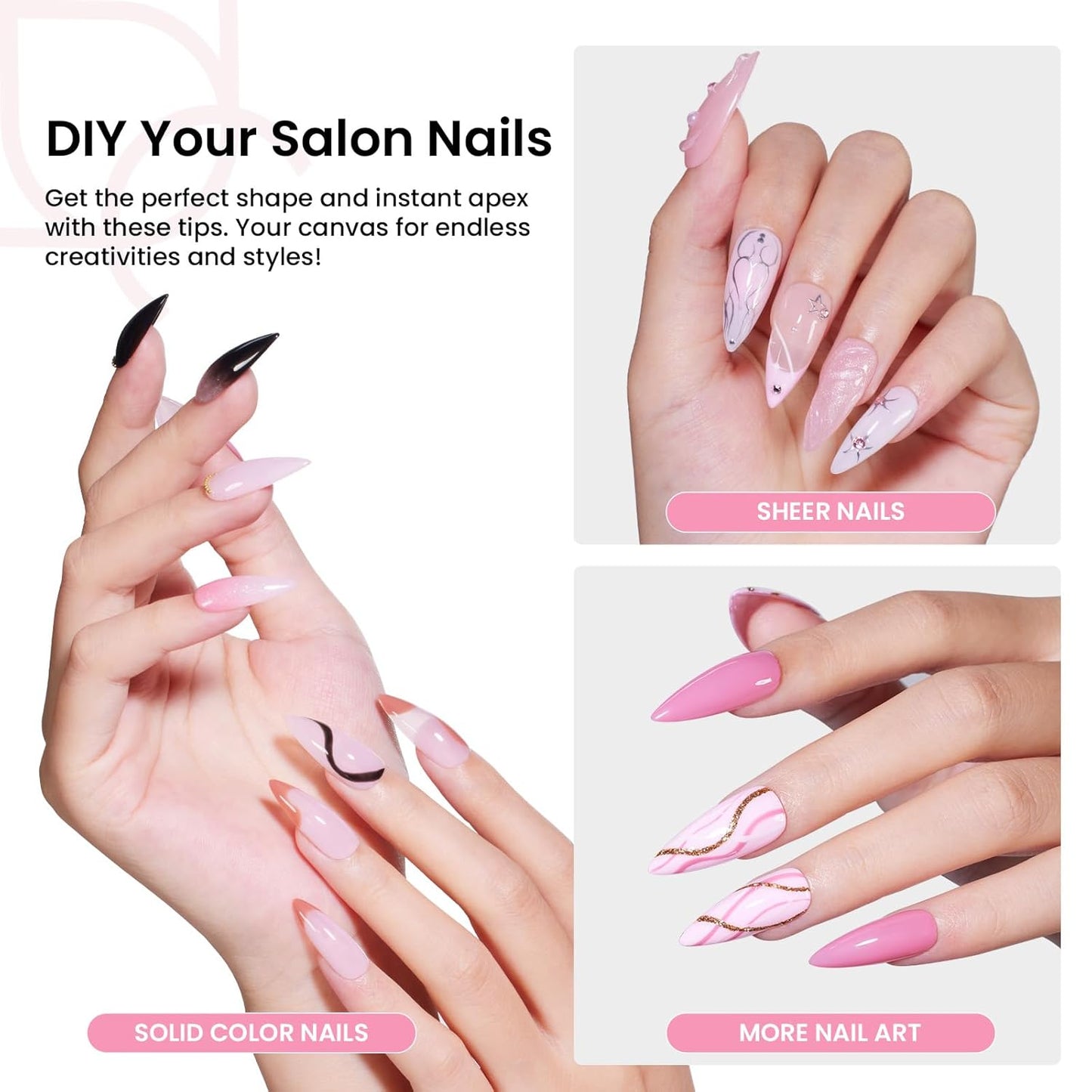 Beetles Tipex Instant Apex Nail Tips Kit Halloween Nails, Medium Stiletto, 224 Pcs 16 Sizes Pre-Building Pre-Etched False Nail Tips with Tipex Nail Glue, Mini Nail Lamp