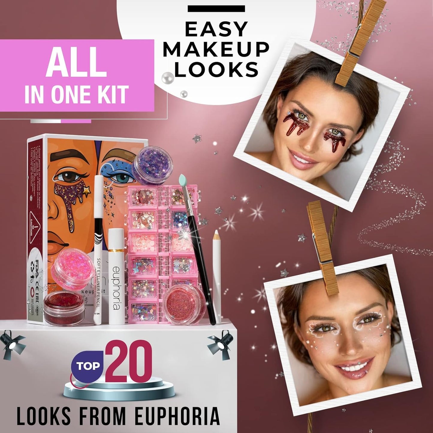 Euphoria makeup kit with glitter and gems/Professional makeup set