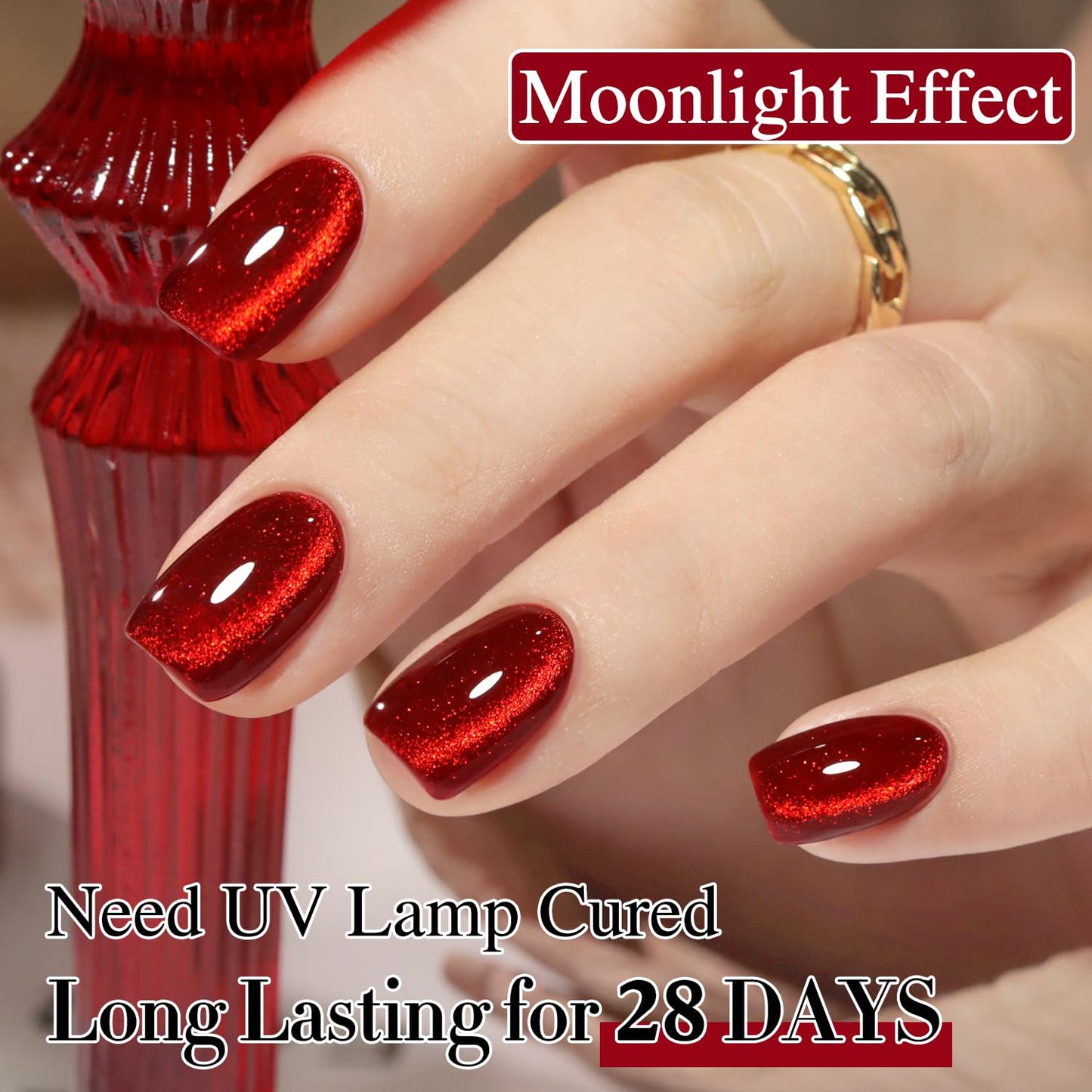 Double Rhythm 15ML Ice Glass Cat Eye Gel Polish with Magnet Holographic Glitter Shimmer Translucent Sheer Color Salon Soak Off Magnetic Nail at Home (Red Glitter-MC1108)