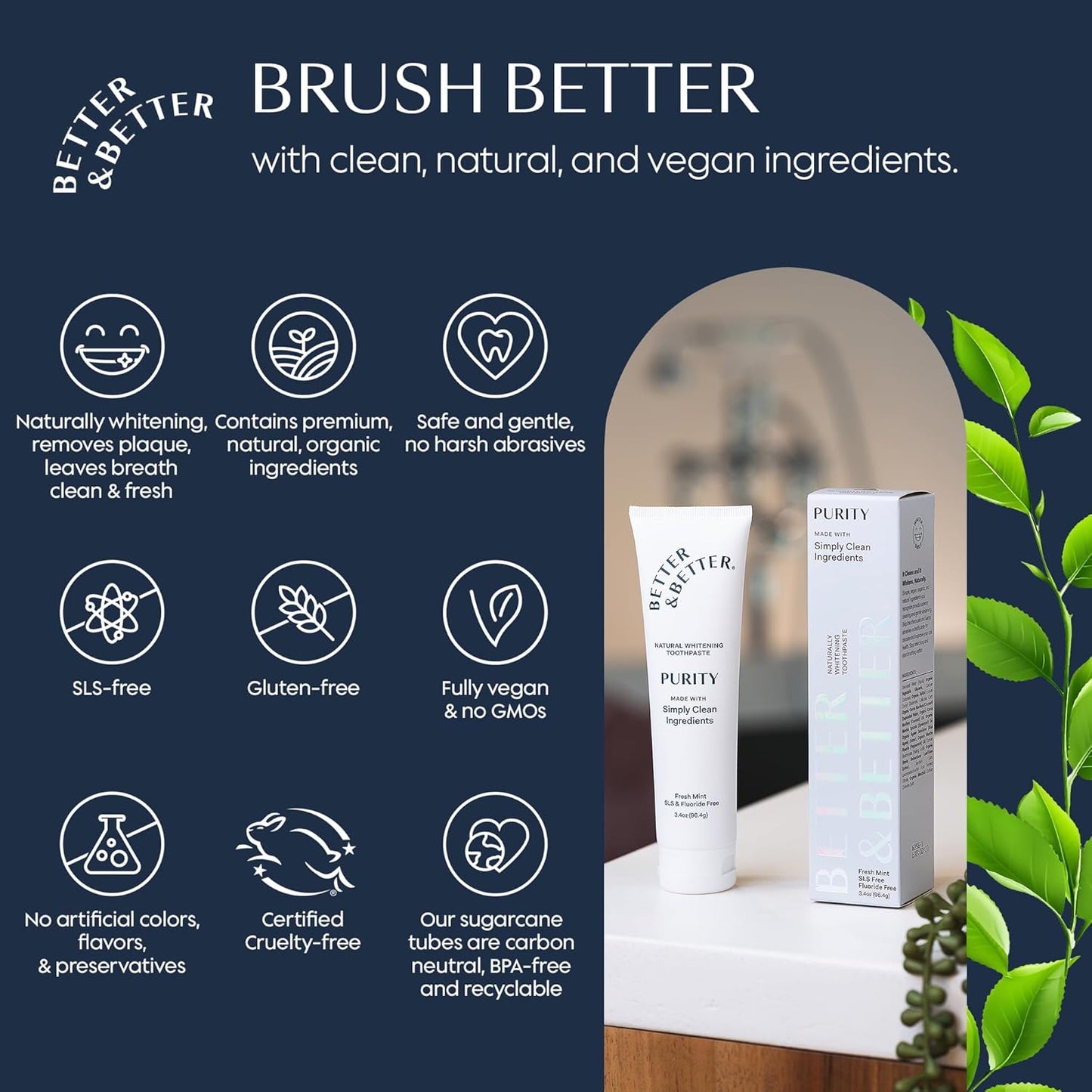 Better & Better Purity Toothpaste | Natural Whitening Toothpaste Without Additives | Organic, Vegan, Fluoride & SLS Free | Coconut-Based Formula w/Fresh Mint Flavor | 3.4oz