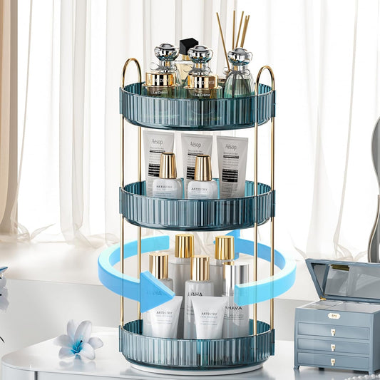 360° Rotating Makeup Organizer, Bathroom Organizers and Storage Holder Rack, Large Capacity Vanity Shelf Countertop, Fits Cosmetics, Perfume, Skin Care(Blue, 3 Tiers)