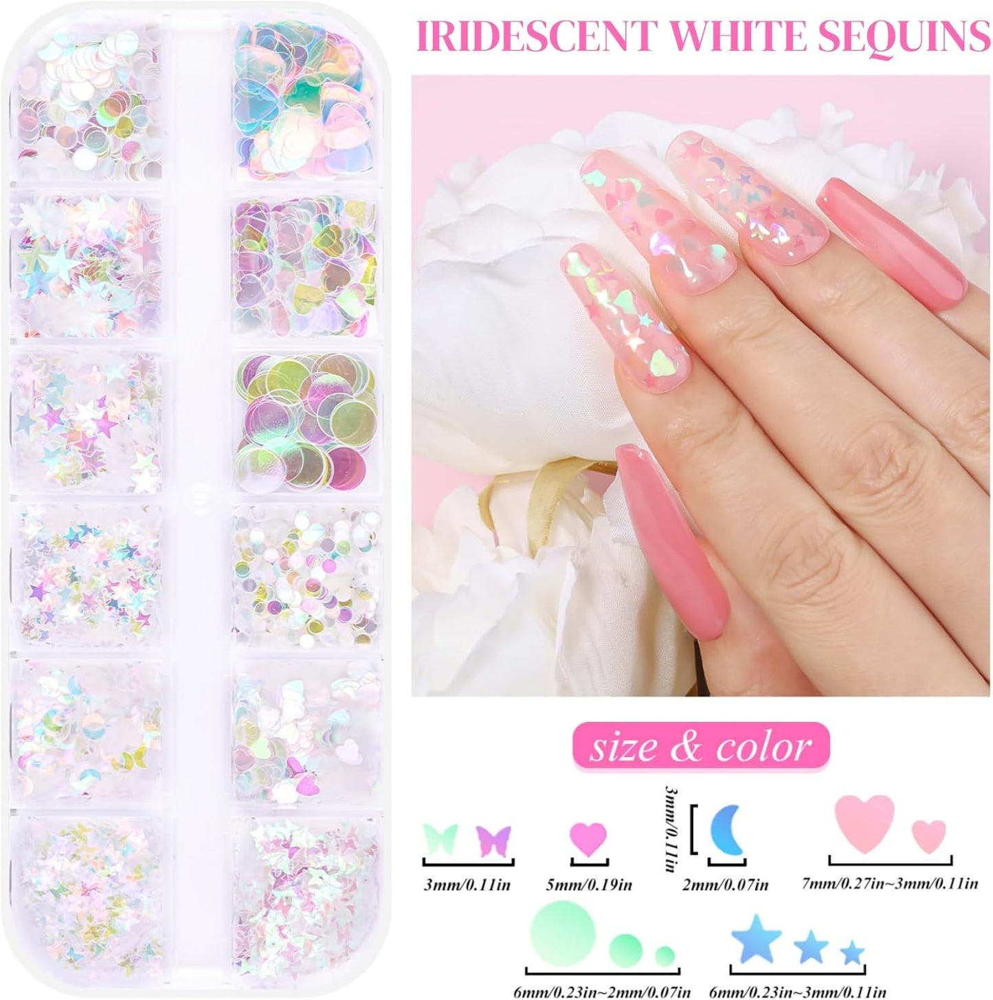 5 Boxes 60 Colors Holographic Nail Art Sequins Kit, Iridescent Sparkle Laser Hollow 3D Star Butterfly Heart Round Mixed-shapes Nail Glitter Flakes for Manicure Body Makeup Craft DIY (2-colorful-kit2)