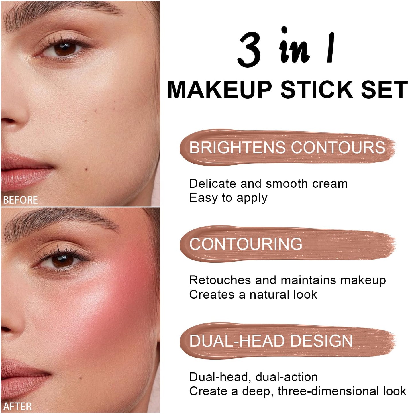 6 Colors Cream Contour Stick Makeup Kit,Shades with Highlighter,Blush,Bronzer Contour Stick for Sculpt the Cheeks,Long Lasting,Waterproof,Matte & Dewy Finish for Woman (SET A)
