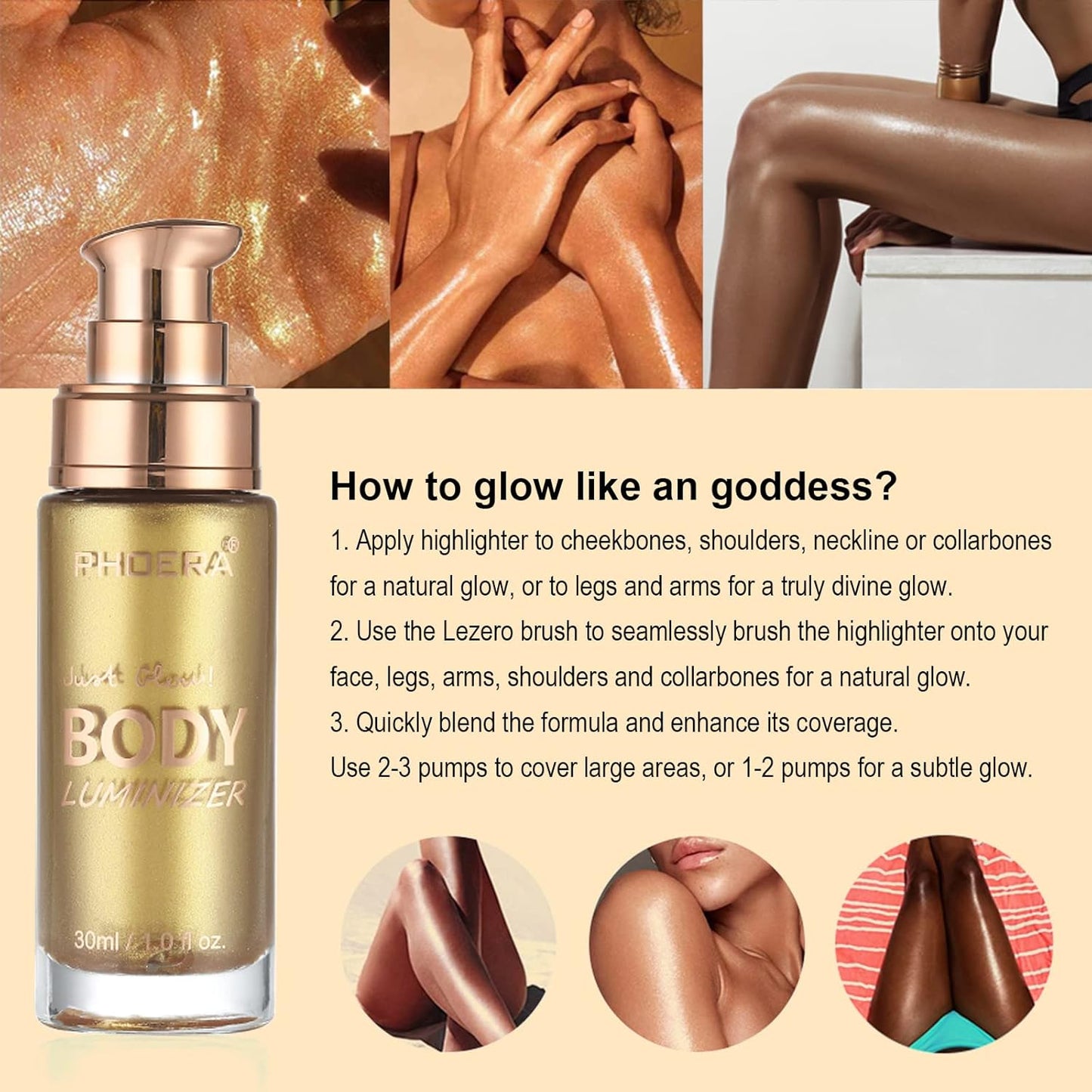 Body Shimmer Oil, Metallic Gold Natural Glow Luminizer, Long Lasting Waterproof Moisturizing Liquid Illuminator Highlighter Makeup for a Sun-Kissed Glow, Brush Include, 1oz, Light