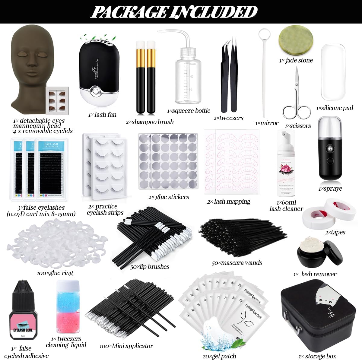 Lash Extension Kit Eyelash Practice for Beginners Professional Set with Mannequin Head Removable Eyelids USB Fan Spraye Individual False Lash Eyelash Strips Shampoo Brush Supplies Storage box
