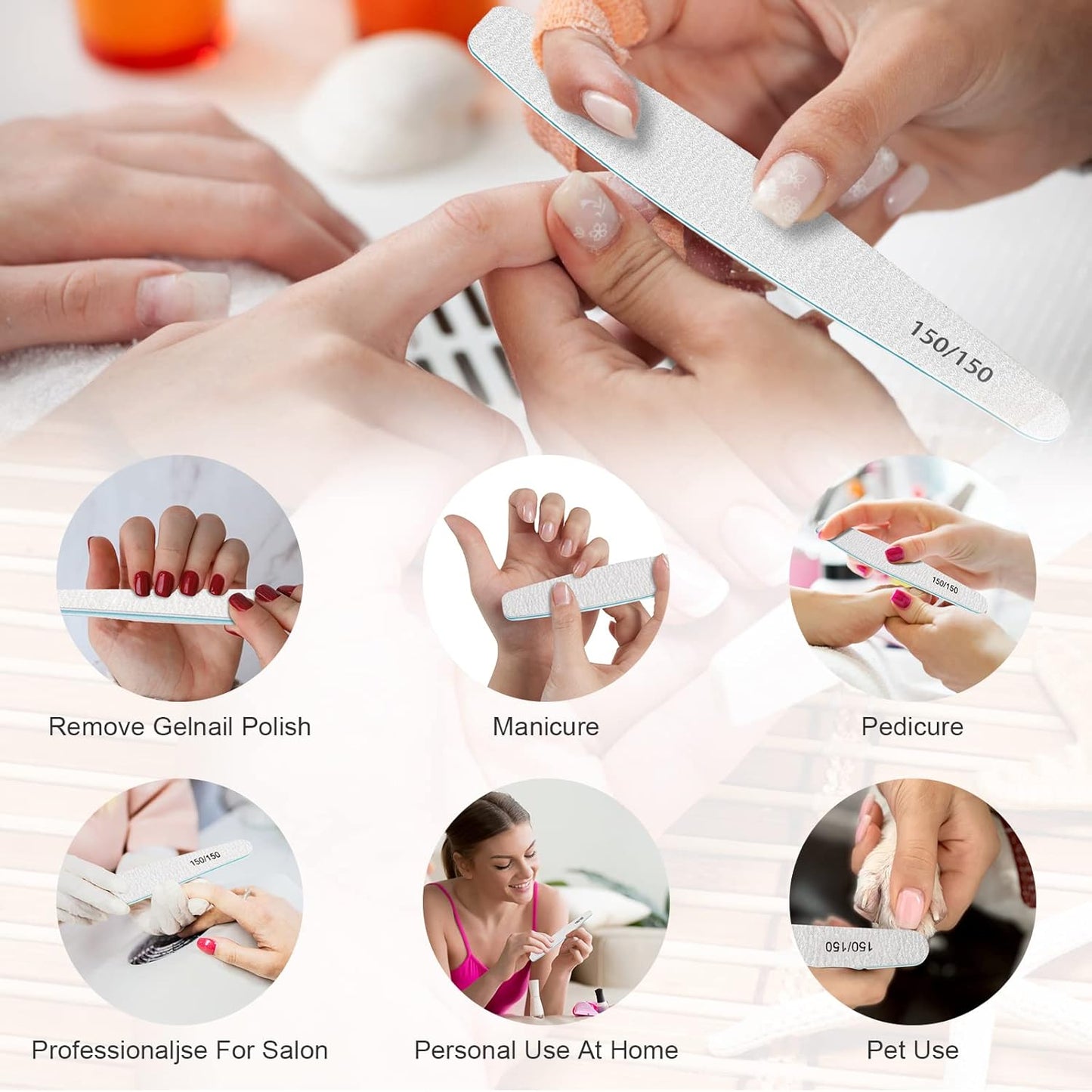 15pcs 150/150 Grit Nail Files for Natural Nails, Double Sided Emery Boards for Nails, Professional Nail Files for Acrylic Nails for Home & Salon (limas para manicura)