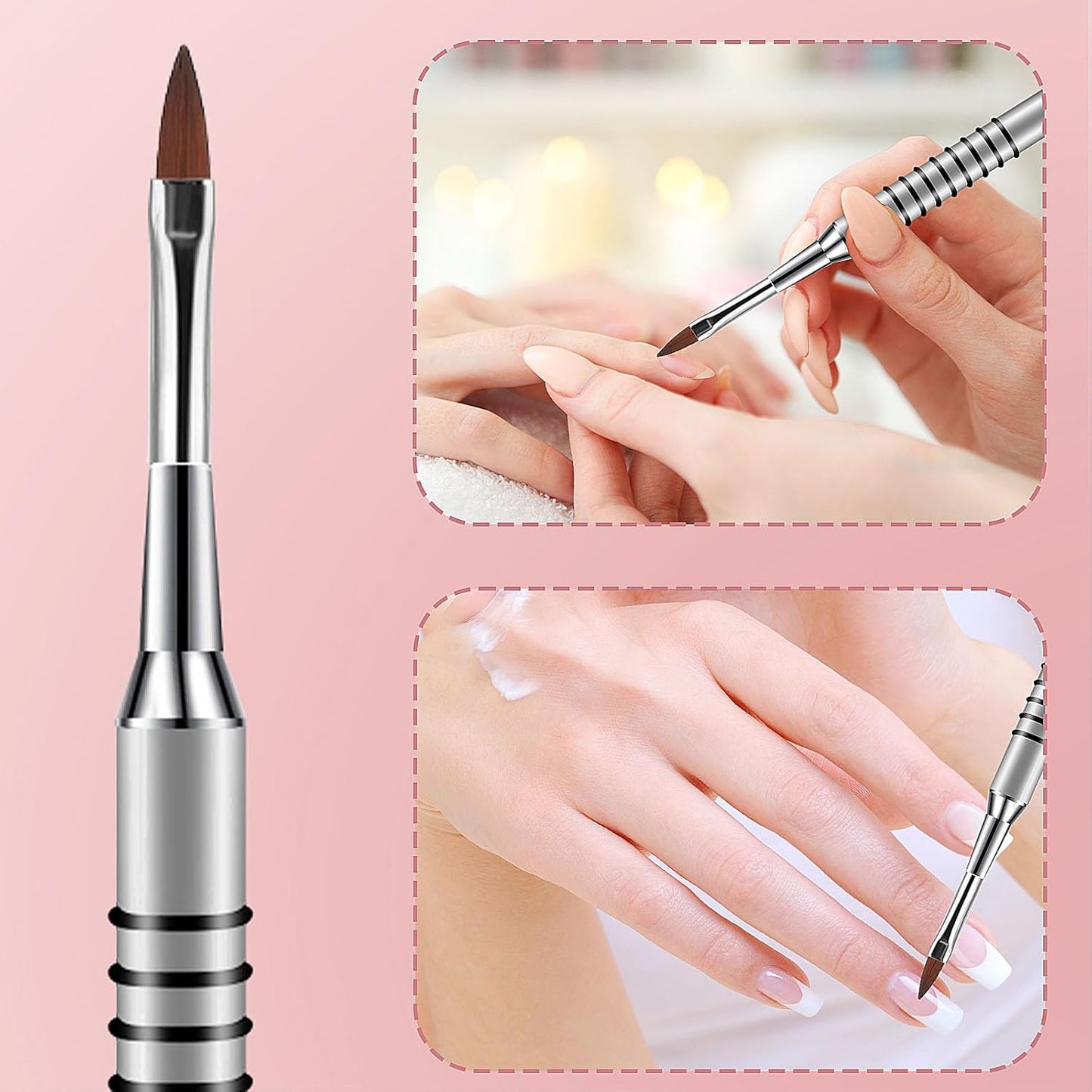 2 Pack 3D Nail Art Brush for Acrylic, Kolinsky Acrylic Nail Brushes Set, Nail Lining Brush Nail Salon Painting Brush Pen with Non-Slip Handle, Silver Metal Nail Art Pen (Size #2)