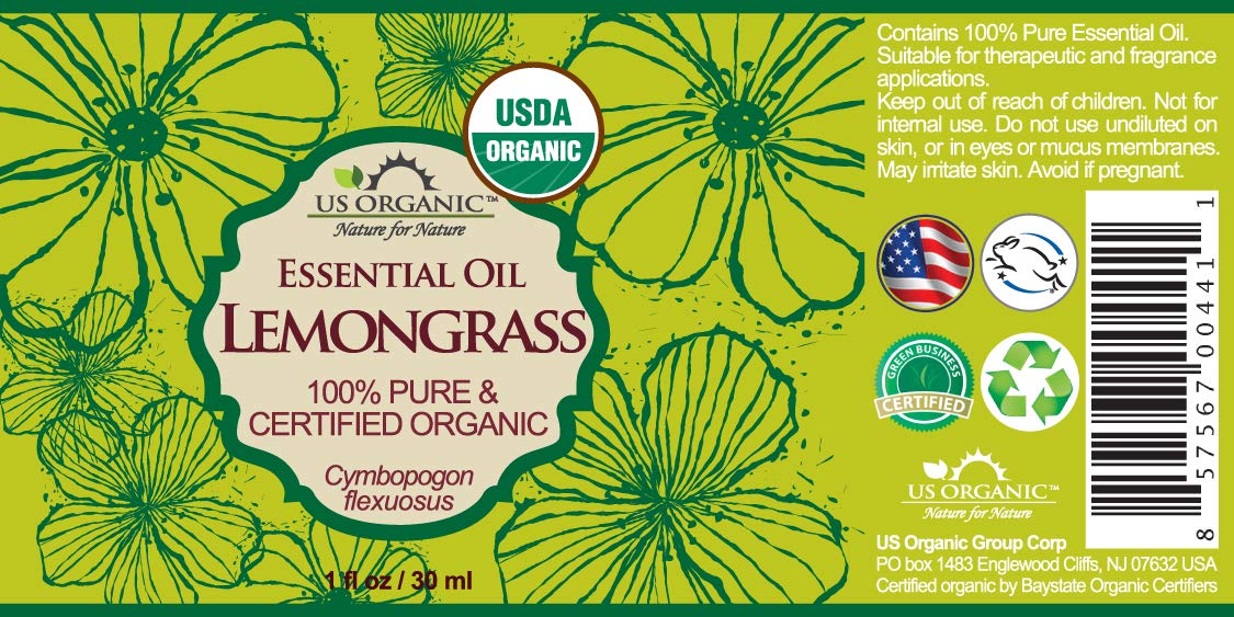 US Organic 100% Pure Lemongrass Essential Oil, USDA Certified Organic, Extracted by Steam Distillation Method, for Hair, Nail Polish Remover, Bees Attraction, and More. 30 ml