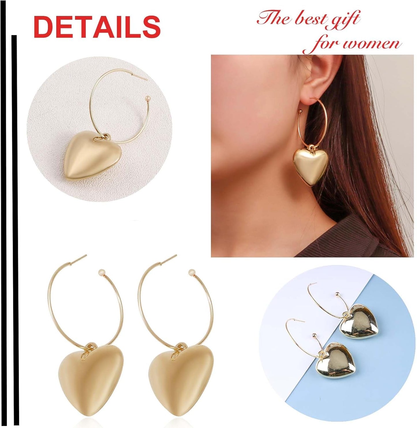 Boho Large Heart Drop Earrings Vintage Gold Love Heart Dangle Earrings Punk Statement Open Big Hoop Heart Earrings Wedding Prom 3D Heart Drop Earrings Jewelry for Women