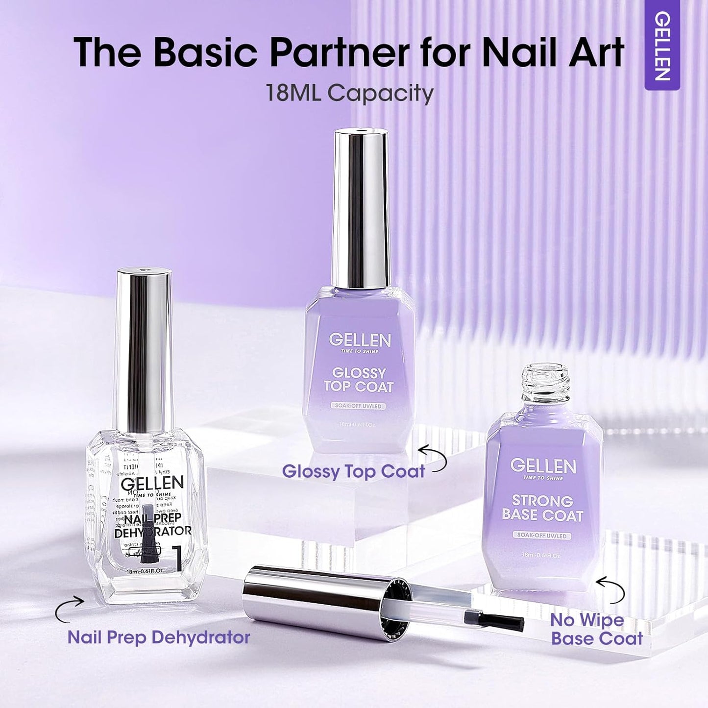GELLEN Top Base Coat Gel with Nail Dehydrator, 18ml Hema-Free Acid-Free No Wipe Strong Base Ultra Glossy Top for for Long-Lasting Acrylic, Gel Polish, Builder Gel, Nail Tech Supplies