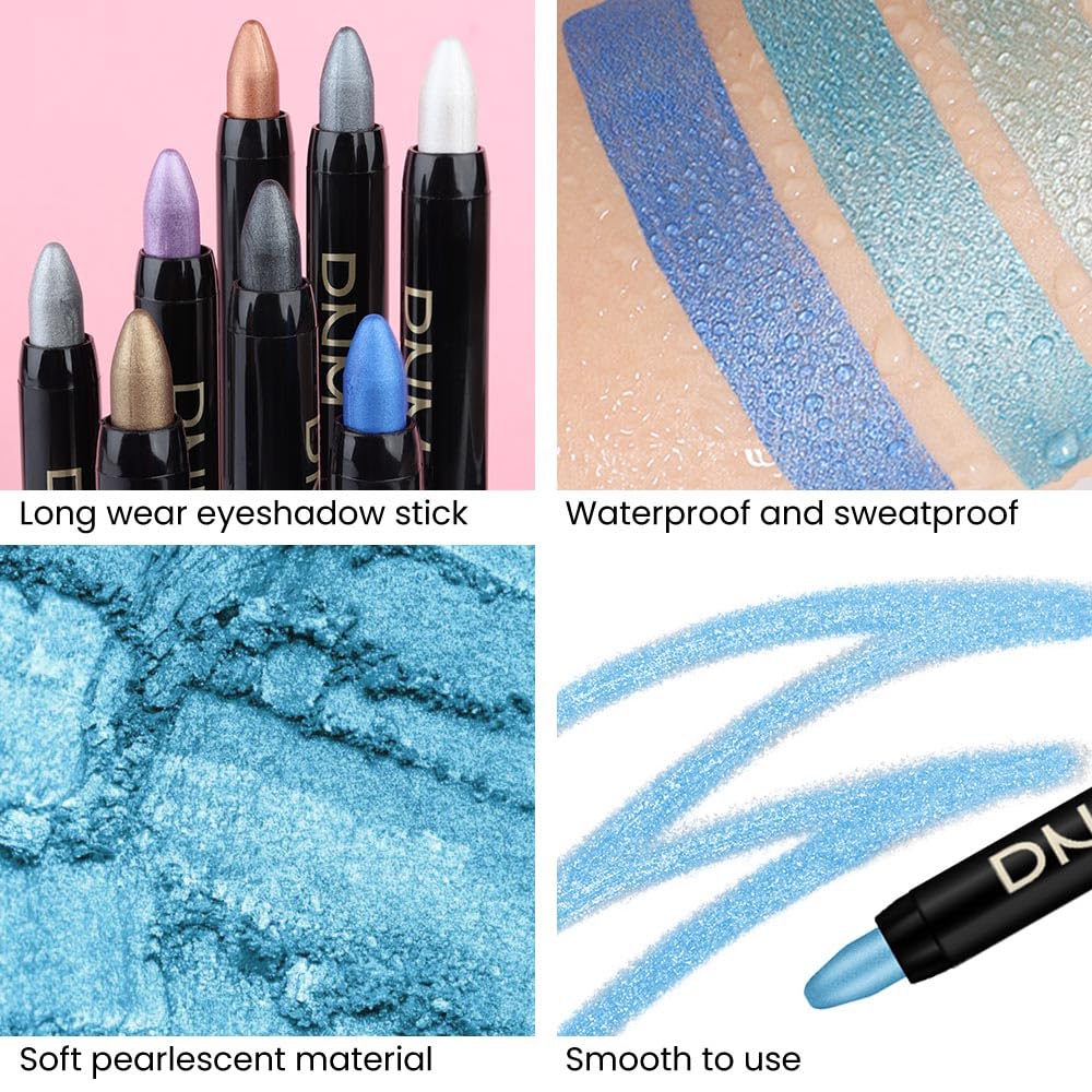 Kaely 2Pcs Bright Blue Eyeshadow Stick for Older Women, Metallic Shimmer Glitter Cream Eye Shadow Pencil Crayon, Light Blue Eyeliner Waterproof Halloween Makeup, 11+13