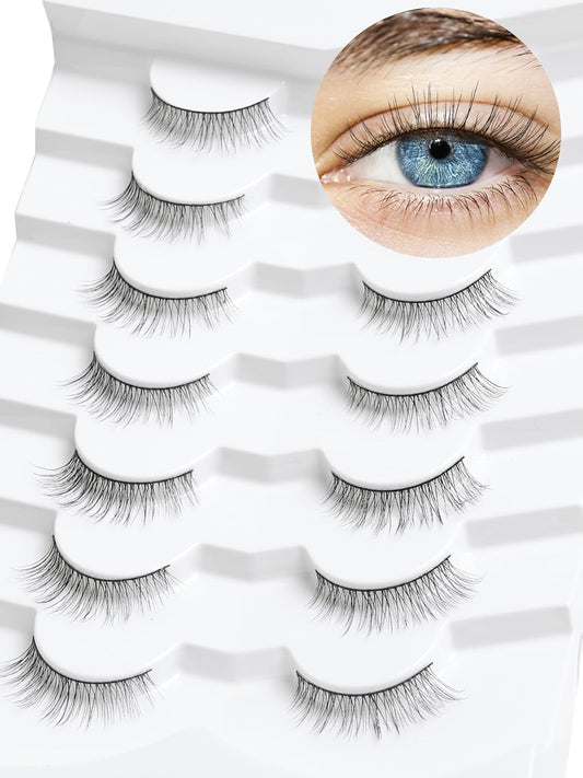 Natural Lashes Eyelashes Wispy Cat Eye Lashes with Thin Band 10mm Short Eyelashes 3D Volume Siligli C Curl Natural Eyelash 7 Pair