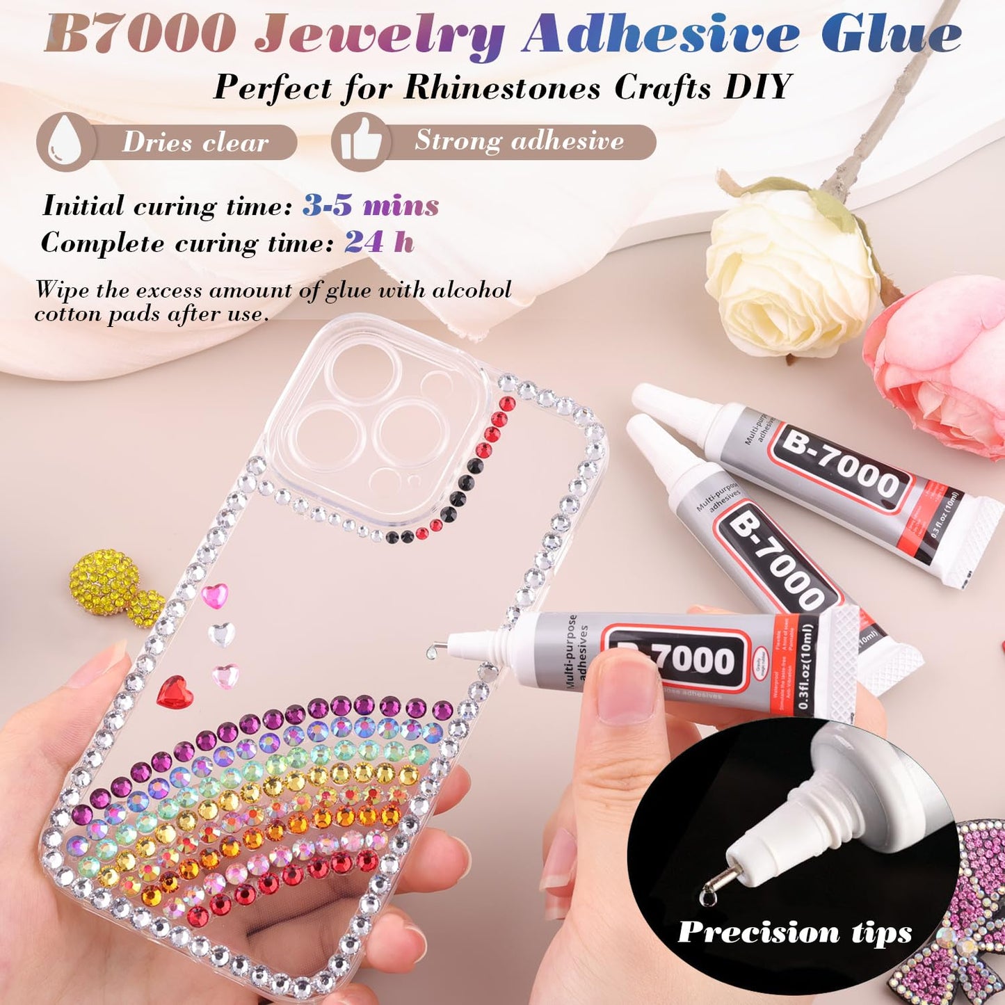 5000 PCS Flatback Rhinestones for Crafting and 3PCS B7000 Glue (Pack 2), 2 Boxes of Rainbow Resin Rhinestones Gems Charms for Bedazzling DIY Crafts Fabric Clothing Tumblers Shoes Nail Art