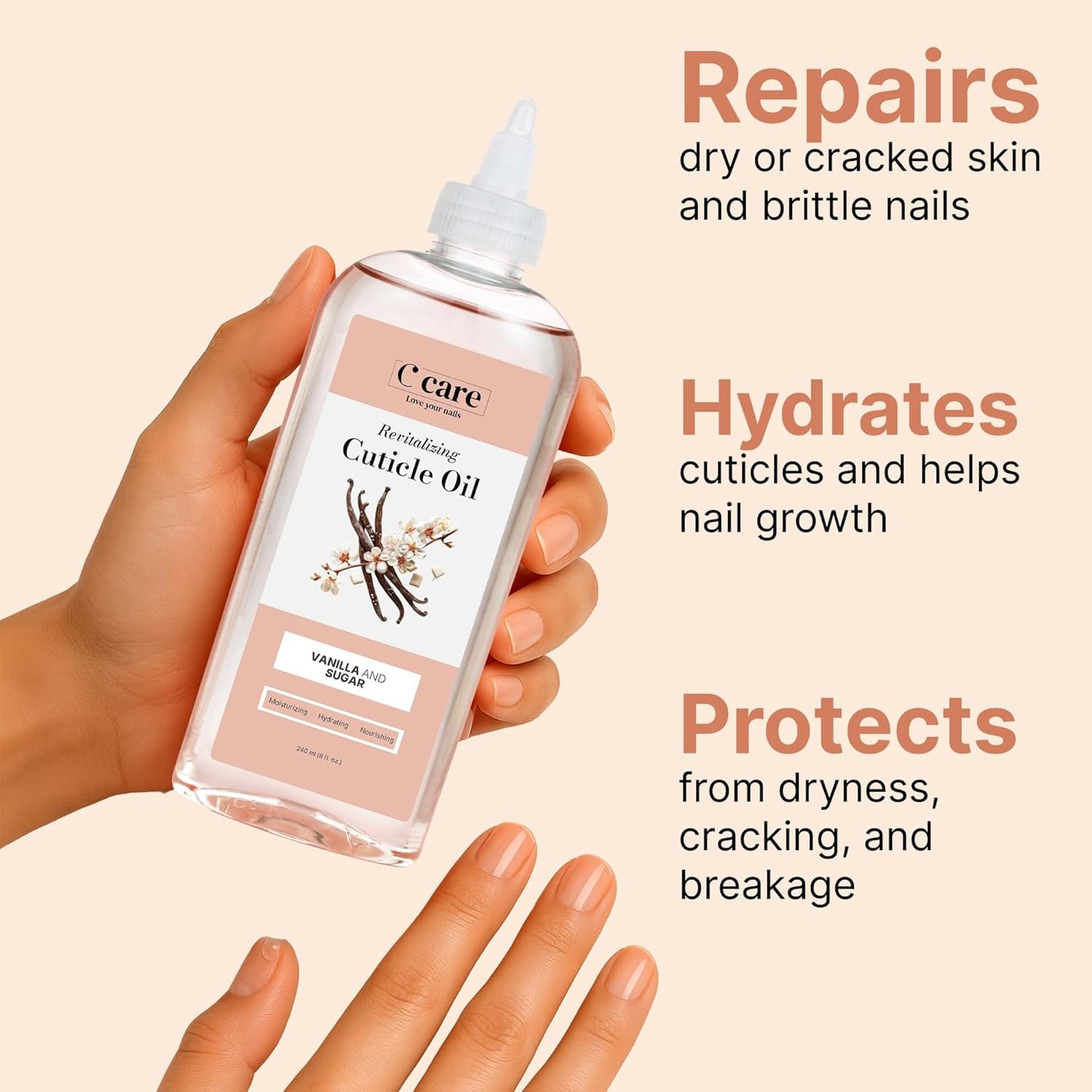 C CARE Vanilla & Sugar cuticle oil For Nails - Repairs Cuticles Overnight - Moisturizes and Strengthens Nails and Cuticles - 8 oz