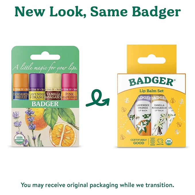 Badger - Classic Lip Balm Gold Box with Aloe, Extra Virgin Olive Oil, Beeswax & Essential Oils, Lip Balm Variety Pack, Certified Organic, 0.15 oz (4 Pack)