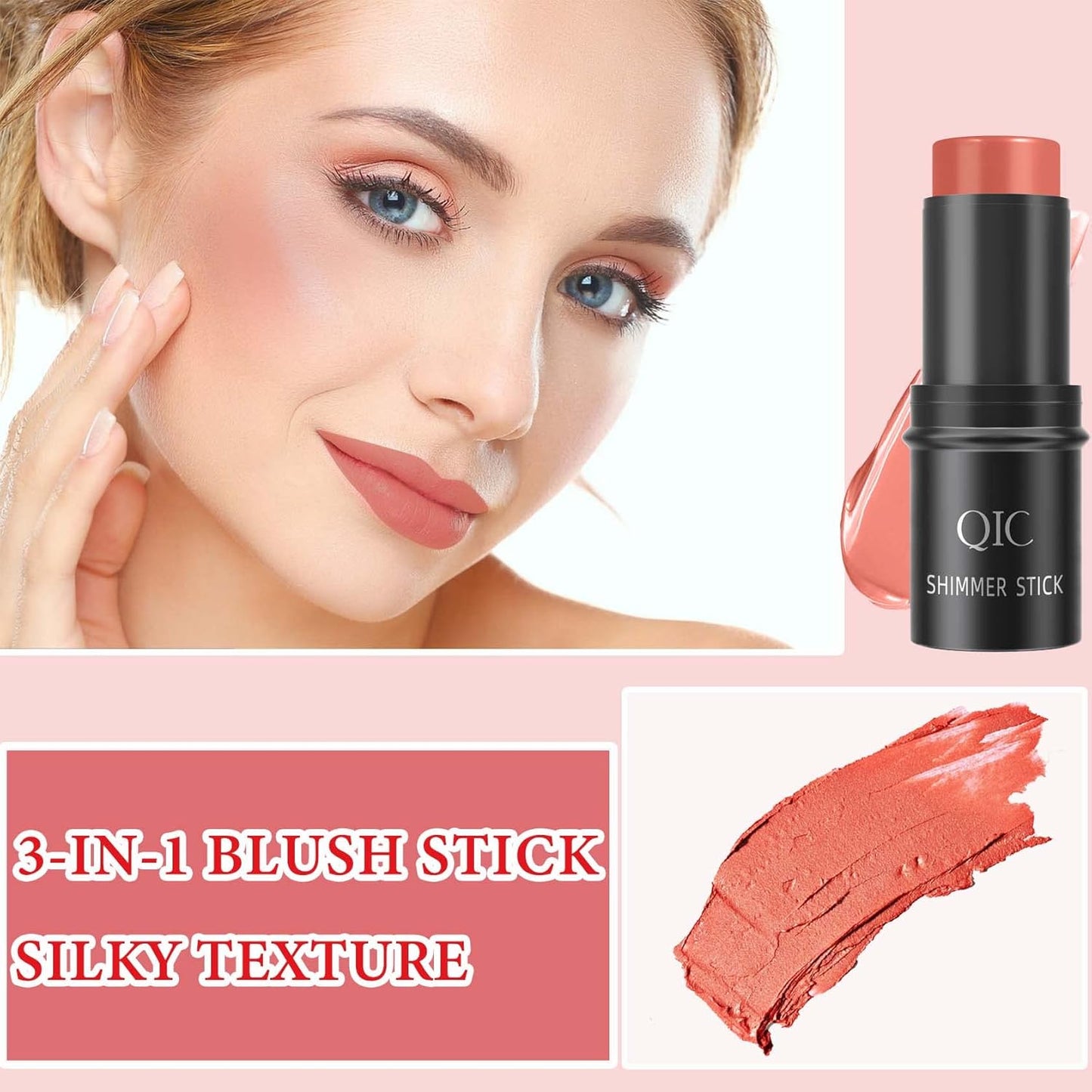 Cream Contour Blush Stick,Long Lasting Waterproof Blush Stick for Cheeks&Lips Multipurpose Face Highlighting Concealing Cream,Shimmer Contour Stick Makeup for Women（Rose Red）