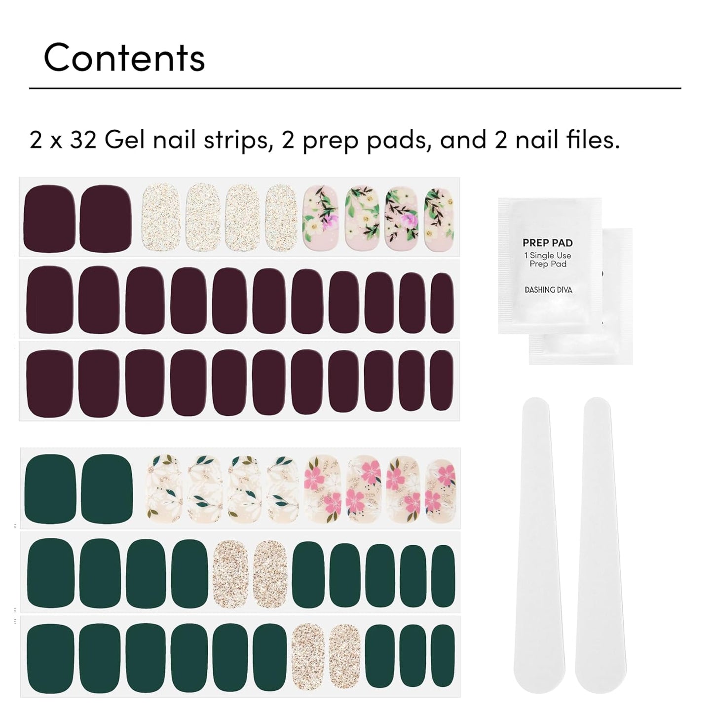 Dashing Diva Gloss Nail Strips Bundle - The Winter Florals Collection- Baby Bouquet & Magnolia Vine - UV Free, Chip Resistant, Long Lasting Gel Stickers - Contains 2 Sets
